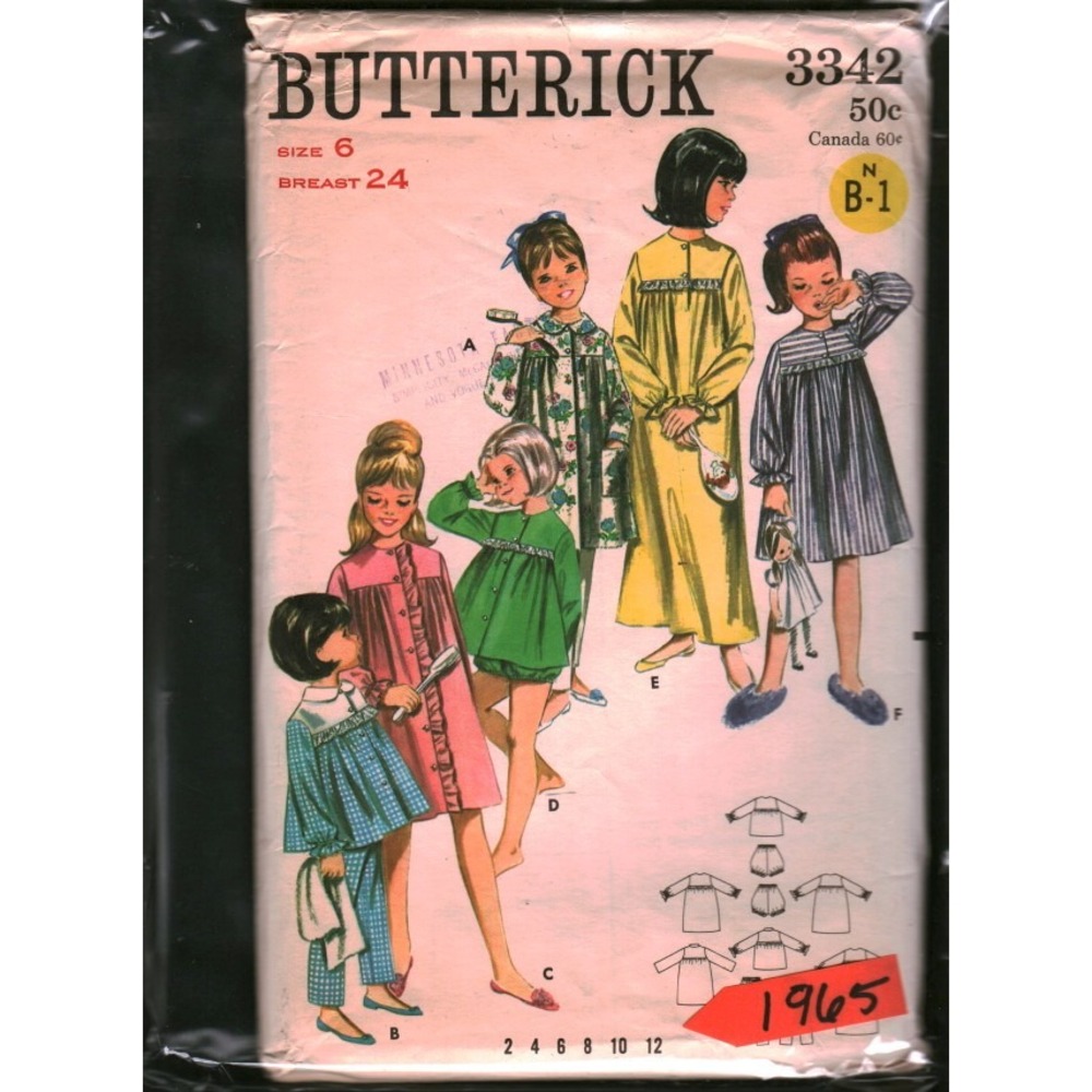3342 Vintage 1965 Butterick Girls Sleepwear Wardrobe Pattern Size 6 Robe Pajamas